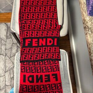 Vintage FENDI Black & Red Reversible Monogram Scarf with Logo Accent